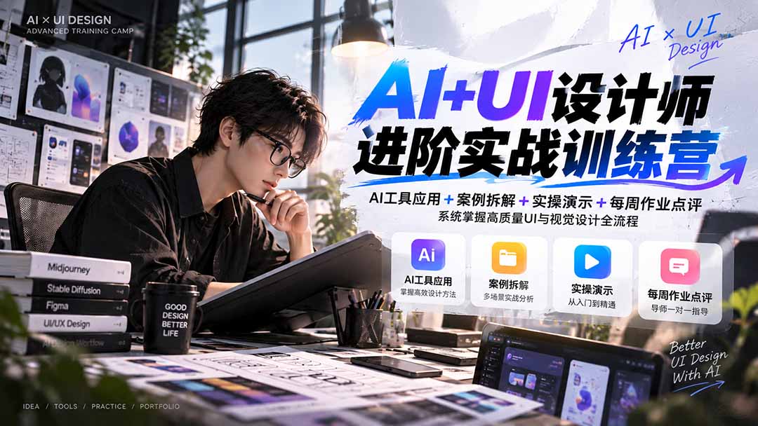 【无水印】AI+UI设计师进阶训练营-第4期：AI工具应用+案例拆解+实操演示+作业点评，掌握高质量UI与视觉设计全流程-爱搭资源网