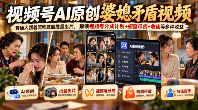 视频号ai原创婆媳矛盾视频，普通人跟着流程就能批量出片，解锁视频号分成计划+橱窗带货+收徒等多种收益-爱搭资源网
