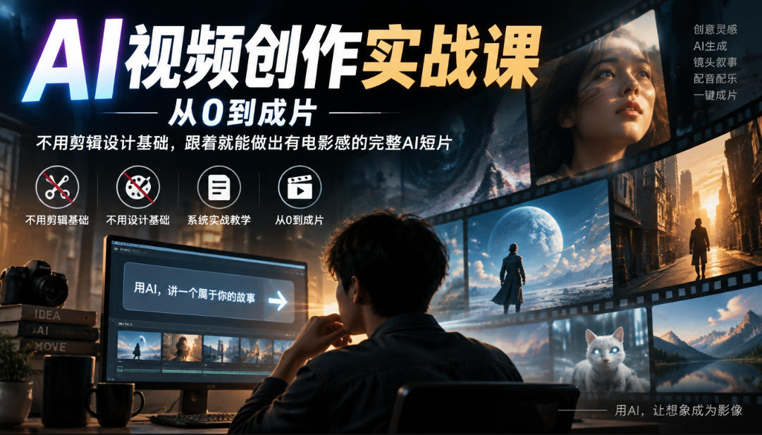 AI视频创作实战课，从0到成片，不用剪辑设计基础，跟着就能做出有电影感的完整AI短片-爱搭资源网