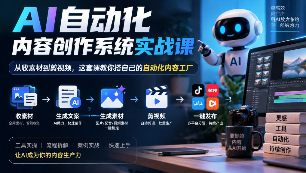 AI自动化内容创作系统实战课,从收素材到剪视频,这套课教你搭自己的自动化内容工厂-爱搭资源网