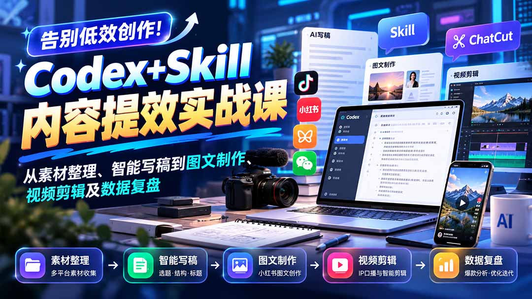 【无水印】告别低效创作！Codex+Skill内容提效实战课：从素材整理、智能写稿到图文制作、视频剪辑及数据复盘-爱搭资源网