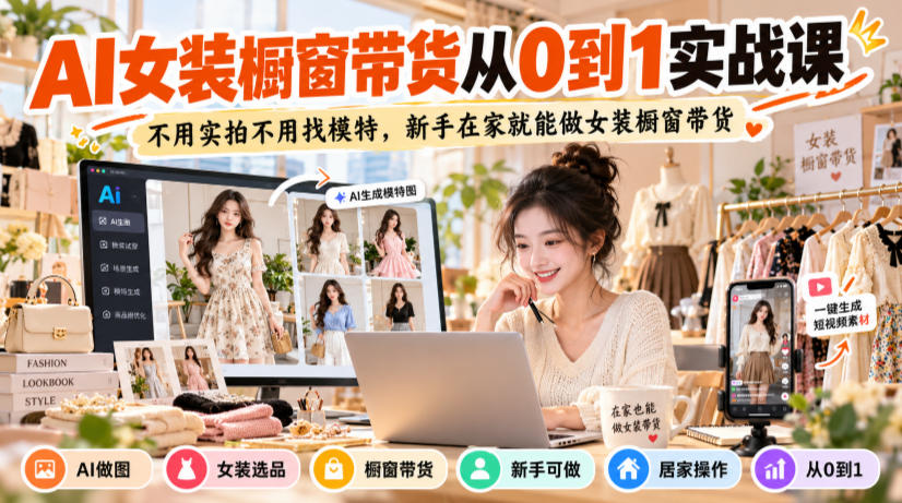 AI女装橱窗带货从0到1实战课，不用实拍不用找模特，新手在家就能做女装橱窗带货-爱搭资源网