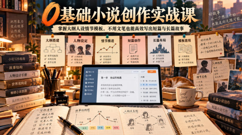 0基础小说创作实战课｜掌握大纲人设情节模板，不用文笔也能高效写出短篇与长篇故事-爱搭资源网
