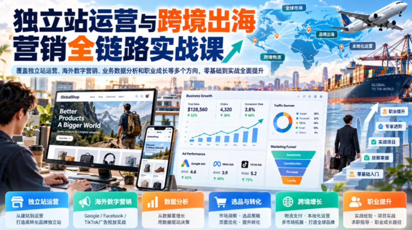 独立站运营与跨境出海营销全链路实战课，覆盖独立站运营、海外数字营销、业务数据分析和职业成长等多个方向，零基础到实战全面提升-爱搭资源网