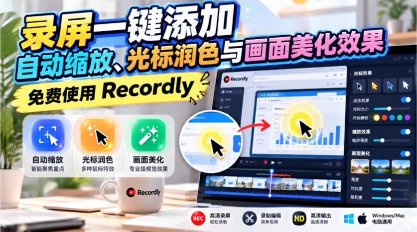 录屏一键添加自动缩放、光标润色与画面美化效果，免费使用Recordly-爱搭资源网