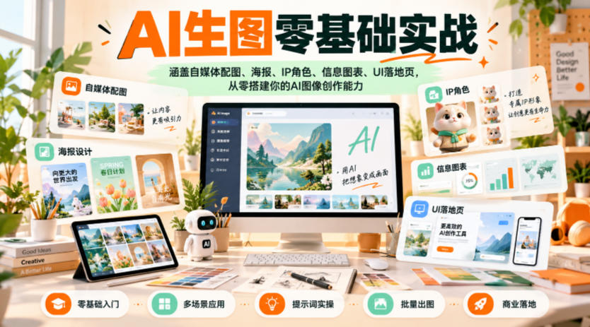 AI生图零基础实战，涵盖自媒体配图、海报、IP角色、信息图表、UI落地页，从零搭建你的AI图像创作能力-爱搭资源网