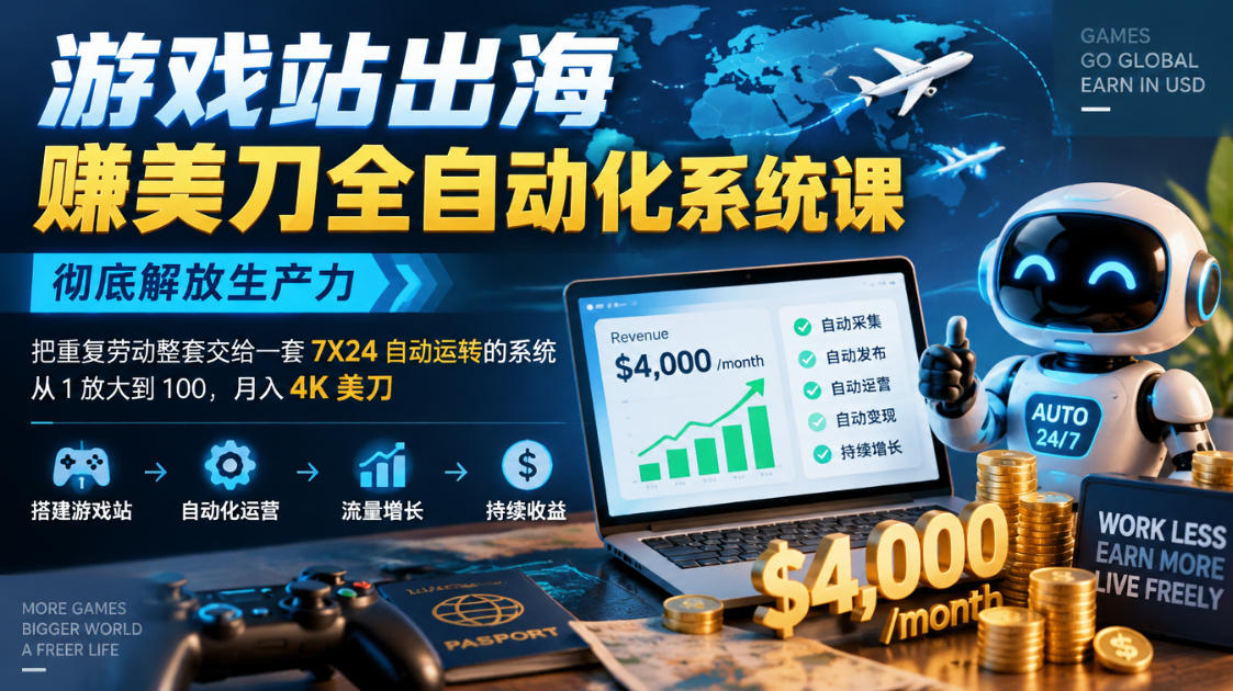 游戏站出海賺美刀全自动化系统课，彻底解放生产力–把重复劳动整套交给一套7X24自动运转的系统，从1放大到100，月入4K美刀-爱搭资源网