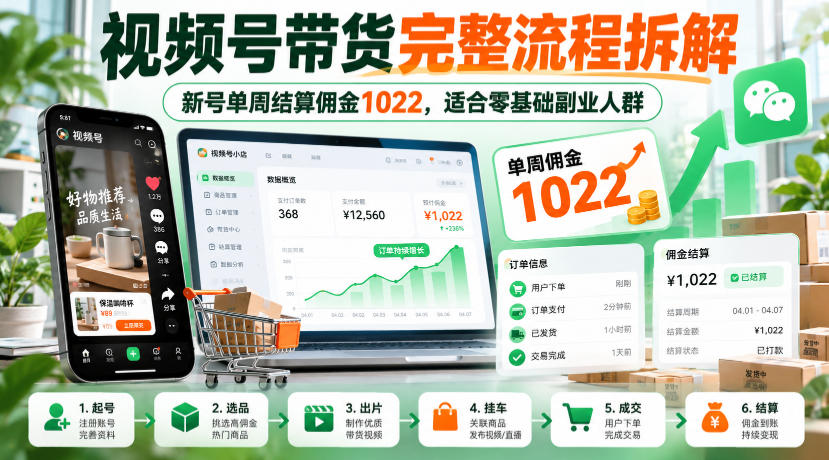 视频号带货完整流程拆解，新号单周结算佣金1022，适合零基础副业人群-爱搭资源网