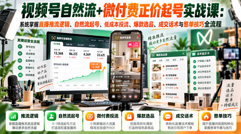 视频号自然流+微付费正价起号实战课：系统掌握直播推流逻辑、自然流起号、低成本投流、爆款选品、成交话术与憋单技巧全流程-爱搭资源网