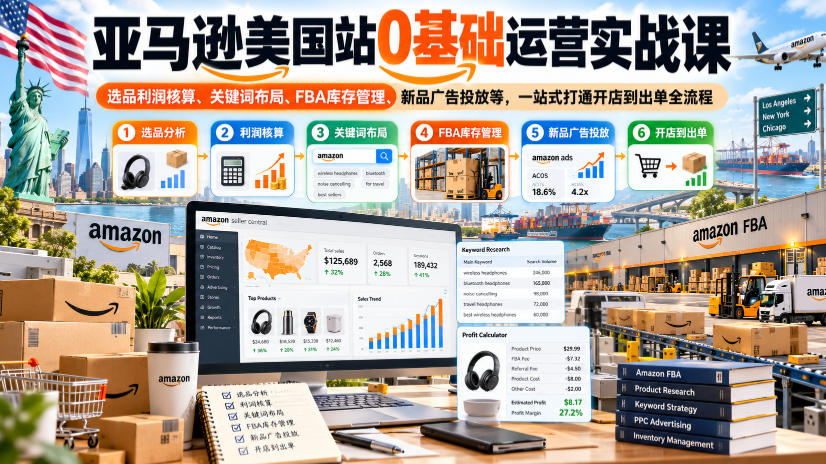 亚马逊美国站0基础运营实战课｜选品利润核算、关键词布局、FBA库存管理、新品广告投放等，一站式打通开店到出单全流程-爱搭资源网