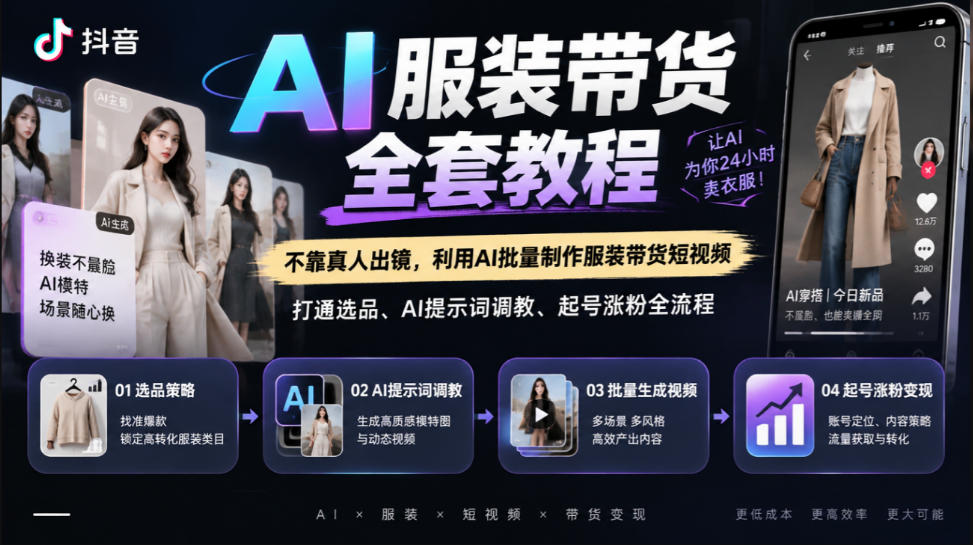 抖音AI服装带货全套教程，不靠真人出镜，利用AI批量制作服装带货短视频，打通选品、AI提示词调教、起号涨粉全流程-爱搭资源网