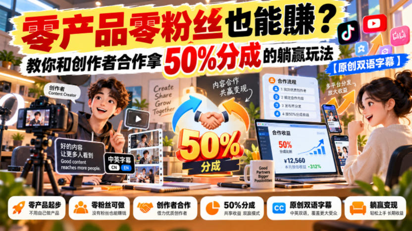 【无水印】零产品零粉丝也能賺？教你和创作者合作拿50%分成的躺赢玩法【原创双语字幕】-爱搭资源网