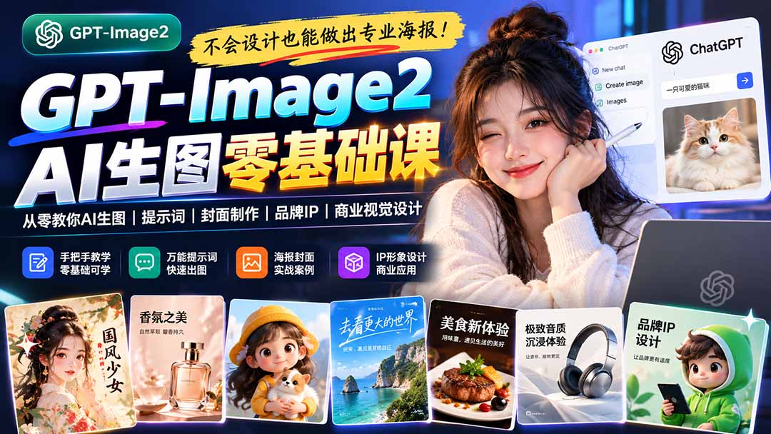 不会设计也能做出专业海报！GPT-Image2从零教你AI生图、提示词、封面制作、品牌IP与商业视觉设计-爱搭资源网