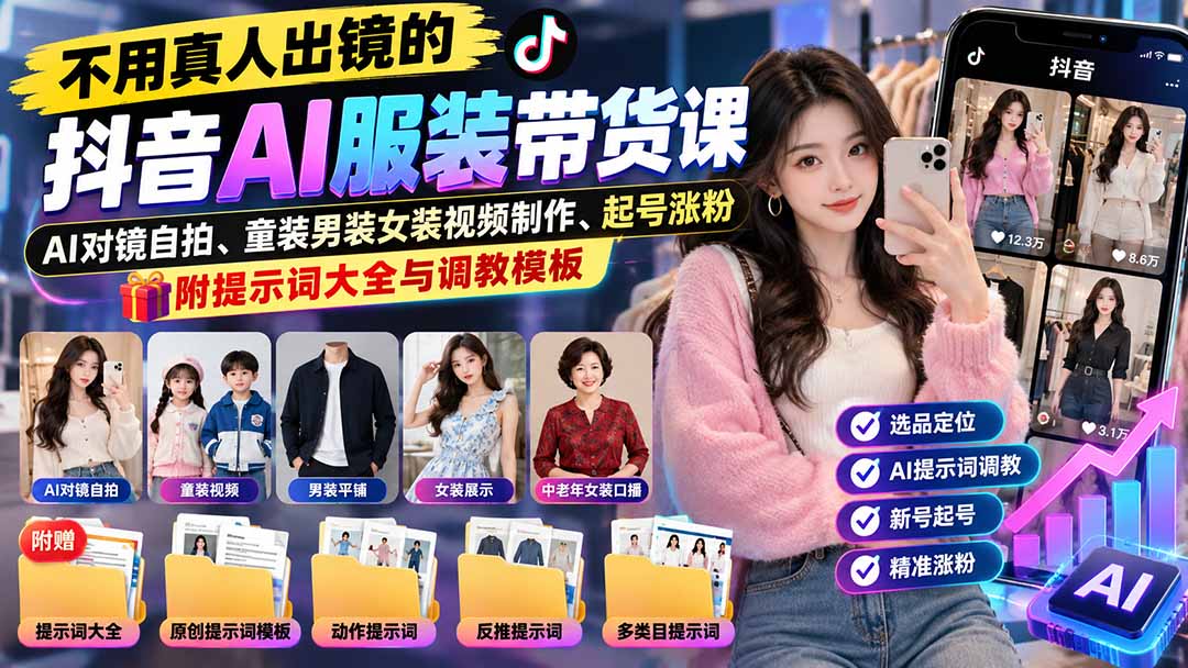 不用真人出镜的抖音AI服装带货课：AI对镜自拍、童装男装女装视频制作、起号涨粉，附提示词大全与调教模板-爱搭资源网