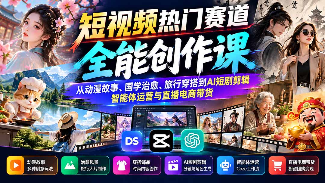 短视频热门赛道全能创作课：从动漫故事、国学治愈、旅行穿搭到AI短剧剪辑、智能体运营与直播电商带货-爱搭资源网