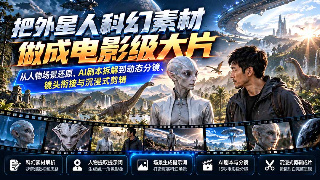 把外星人科幻素材做成电影级大片：从人物场景还原、AI剧本拆解到动态分镜、镜头衔接与沉浸式剪辑-爱搭资源网