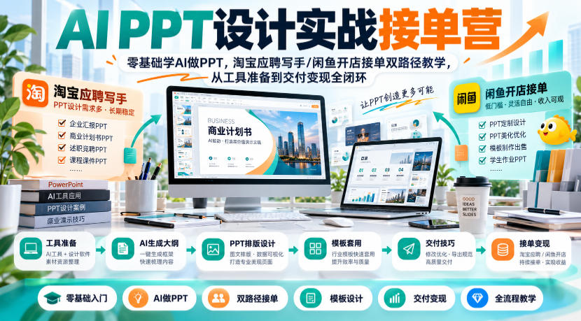 AI PPT设计实战接单营｜零基础学AI做PPT，淘宝应聘写手/闲鱼开店接单双路径教学，从工具准备到交付变现全闭环-爱搭资源网