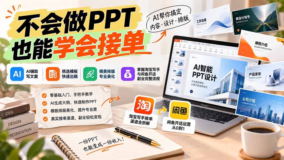 不会做PPT也能学会接单：AI辅助写文案、挑模板、做排版，掌握淘宝写手与闲鱼开店副业完整流程-爱搭资源网