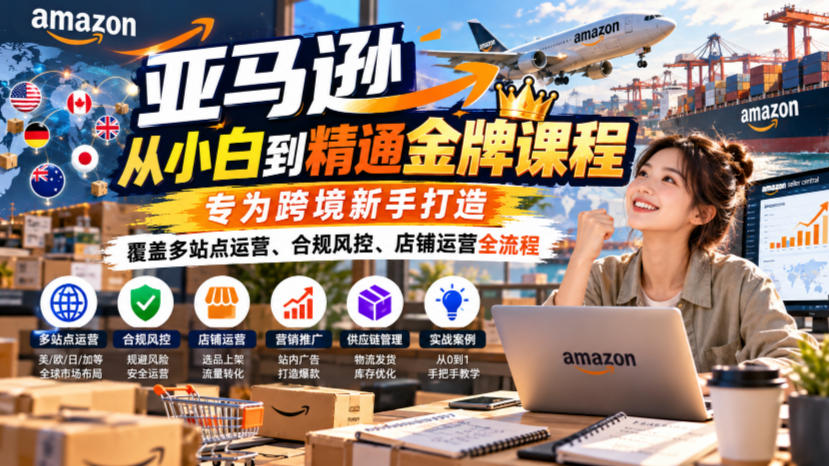 亚马逊从小白到精通金牌课程，专为跨境新手打造，覆盖多站点运营、合规风控、店铺运营全流程-爱搭资源网