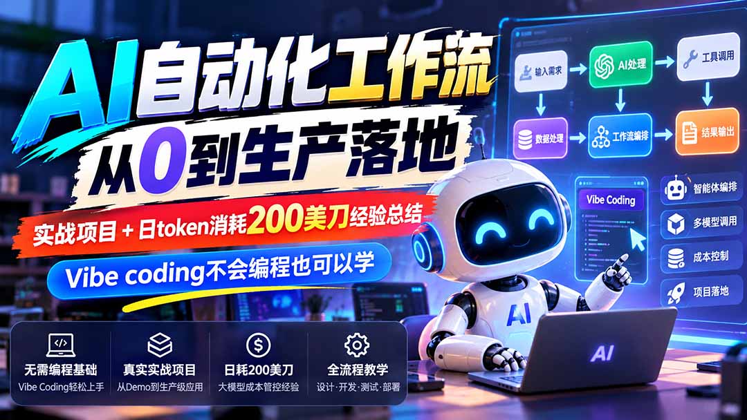【无水印】AI自动化工作流从0到生产落地，实战项目+日token消耗200美刀经验总结，Vibe coding不会编程也可以学-爱搭资源网