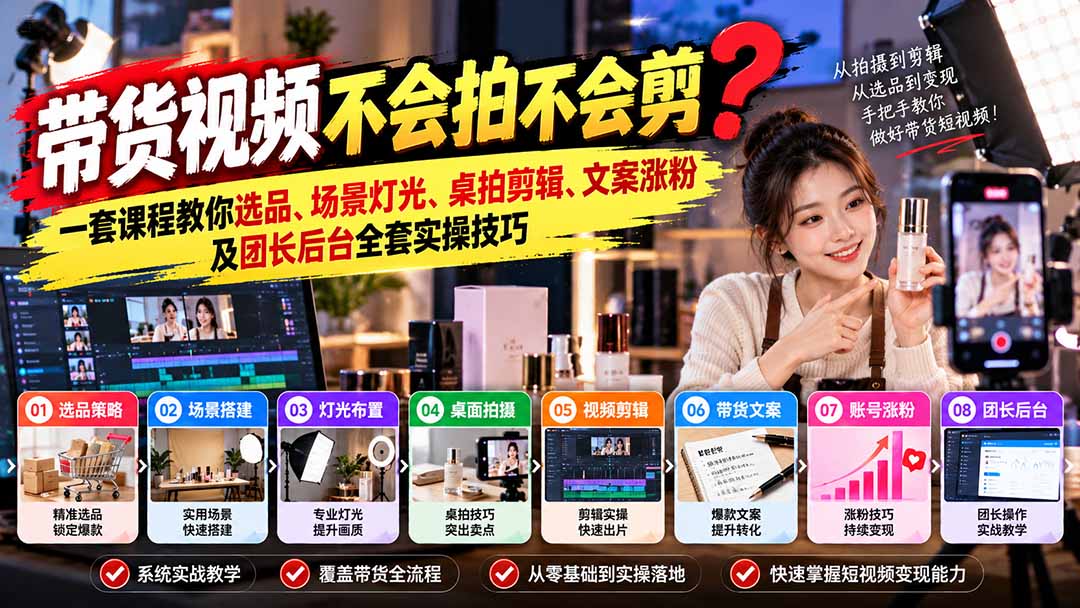 带货视频不会拍不会剪？一套课程教你选品、场景灯光、桌拍剪辑、文案涨粉及团长后台全套实操技巧  复制标题-爱搭资源网