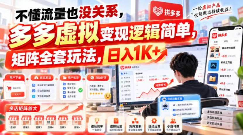 不懂流量也没关系，多多虚拟变现逻辑简单，矩阵全套玩法，日入1K+【揭秘】-爱搭资源网