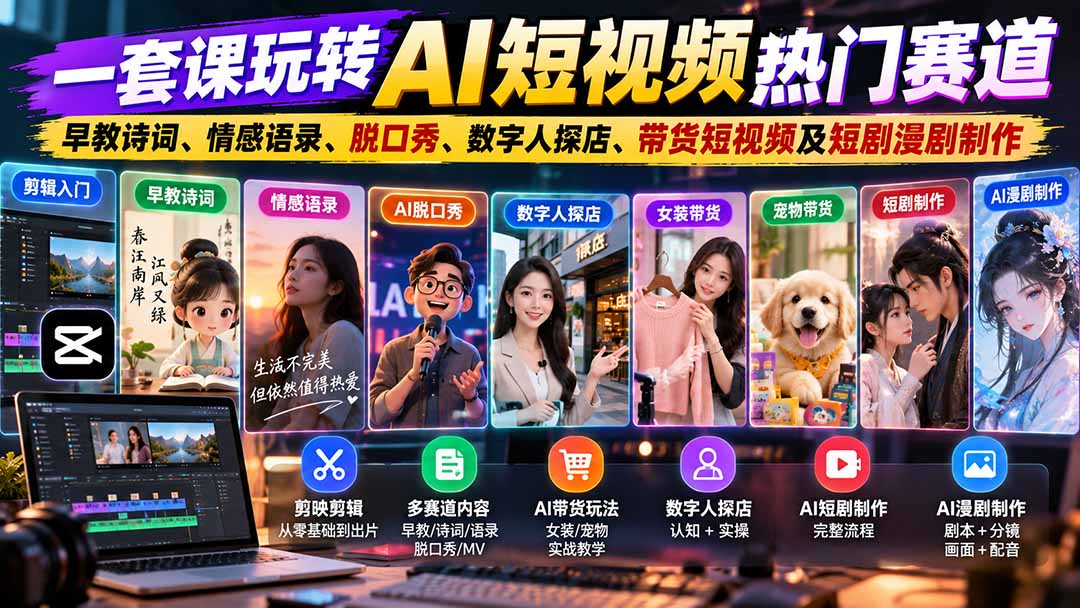 一套课玩转AI短视频热门赛道：早教诗词、情感语录、脱口秀、数字人探店、带货短视频及短剧漫剧制作  复制标题-爱搭资源网