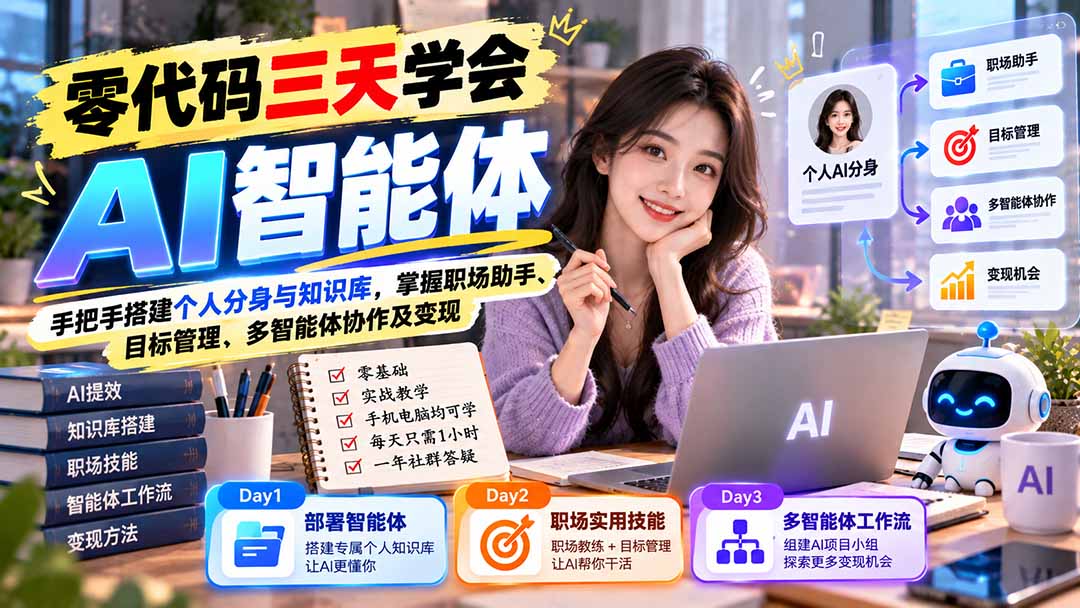 【无水印】零代码三天学会AI智能体：手把手搭建个人分身与知识库，掌握职场助手、目标管理、多智能体协作及变现-爱搭资源网