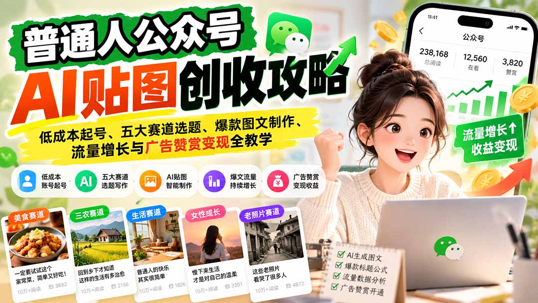 普通人公众号AI贴图创收攻略：低成本起号、五大赛道选题、爆款图文制作、流量增长与广告赞赏变现全教学-爱搭资源网