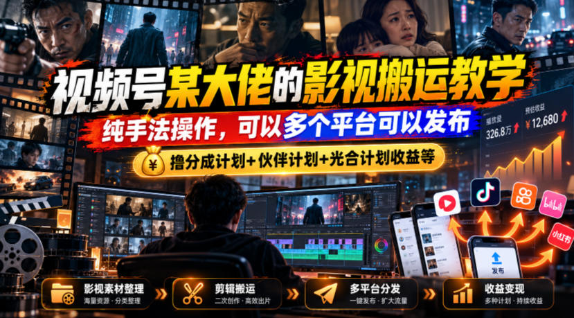 视频号某大佬的影视搬运教学，纯手法操作，可以多个平台可以发布，撸分成计划+伙伴计划+光合计划收益等-爱搭资源网