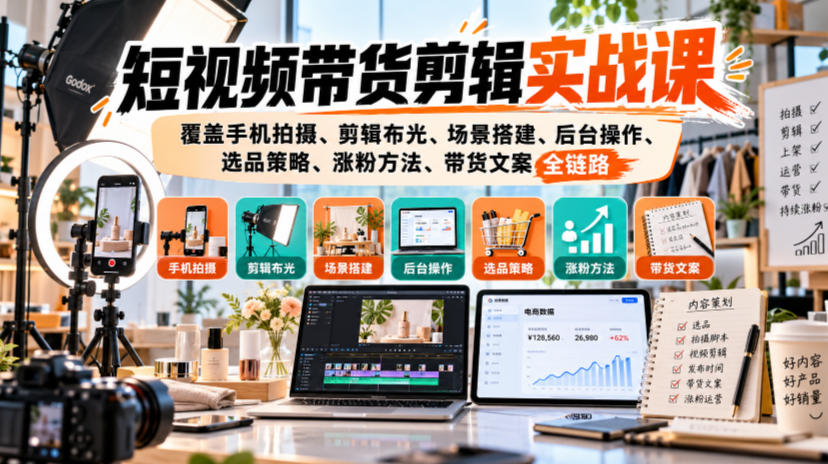 短视频带货剪辑实战课，覆盖手机拍摄、剪辑布光、场景搭建、后台操作、选品策略、涨粉方法、带货文案全链路-爱搭资源网