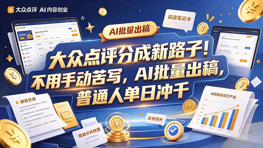 大众点评副业新玩法，工具提效解放双手，批量做笔记，单日可破千-爱搭资源网