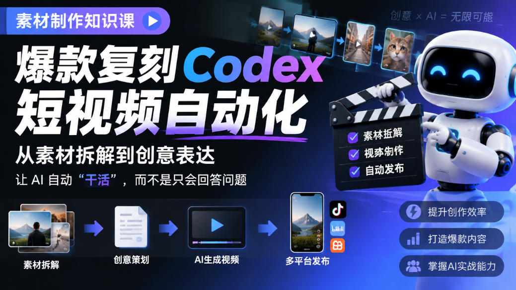 素材制作知识课，爆款复刻Codex短视频自动化，从素材拆解到创意表达，让AI自动“干活”，而不是只会回答问题-爱搭资源网