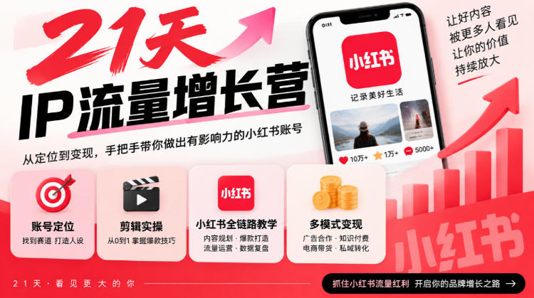 21天IP流量增长营，小红书全链路教学，账号定位剪辑实操，多模式变现系统课-爱搭资源网