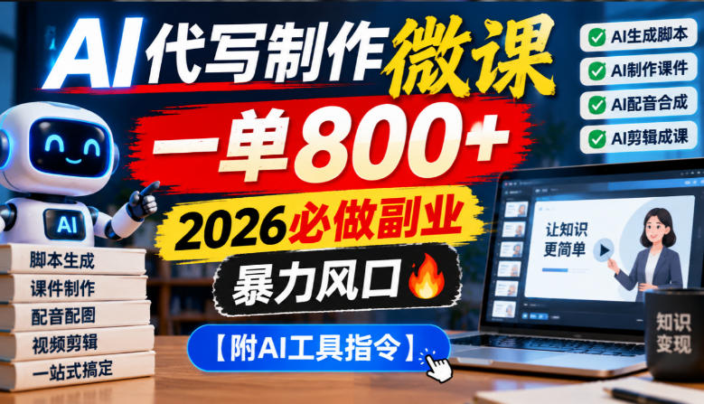 AI代写制作微课，一单800+，2026必做副业，暴力风口【附AI工具指令】【揭秘】-爱搭资源网