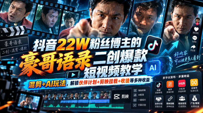 抖音22W粉丝博主的豪哥语录二创爆款短视频教学，混剪+AI玩法，解锁伙伴计划+剪映挂载+收徒等多种收益-爱搭资源网