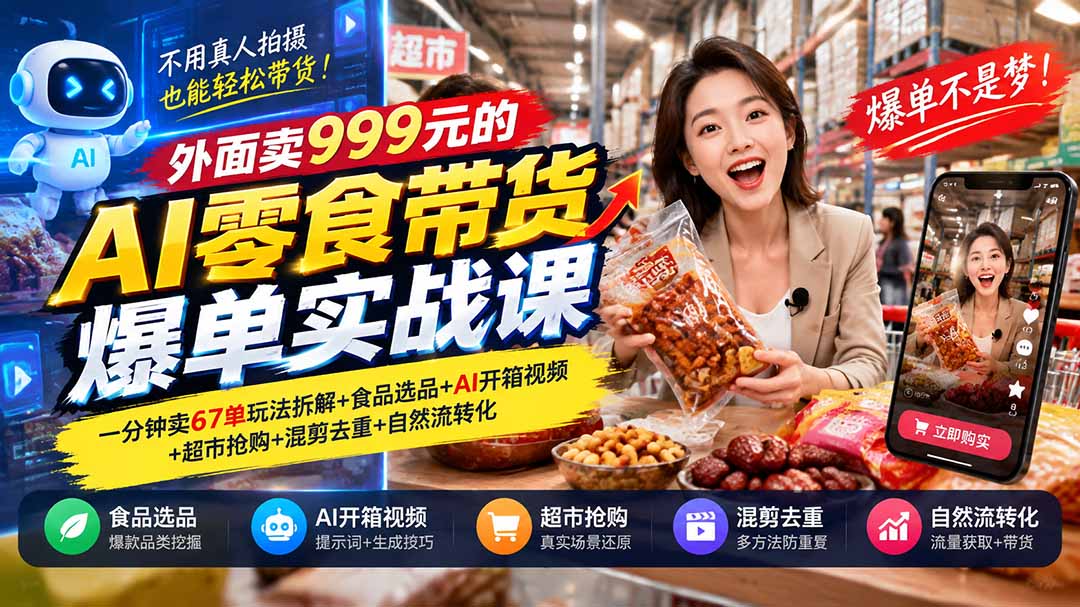 外面卖999元的AI零食带货爆单实战课｜一分钟卖67单玩法拆解+食品选品+AI开箱视频+超市抢购+混剪去重+自然流转化-爱搭资源网