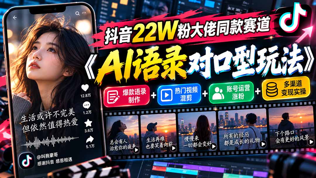 抖音22W粉大佬同款赛道《AI语录对口型玩法》：爆款语录制作+热门视频混剪+账号运营涨粉+多渠道变现实操-爱搭资源网