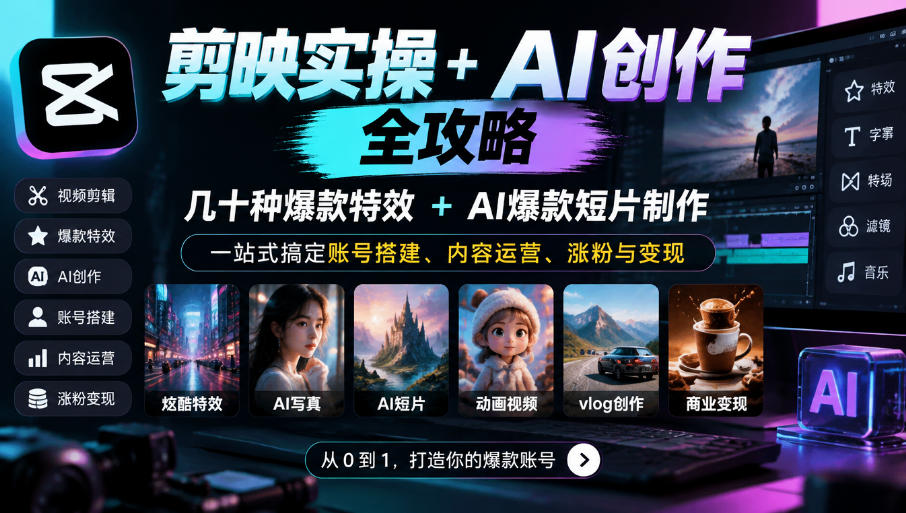 剪映实操+AI创作全攻略｜几十种爆款特效+AI爆款短片制作，一站式搞定账号搭建、内容运营、涨粉与变现-爱搭资源网