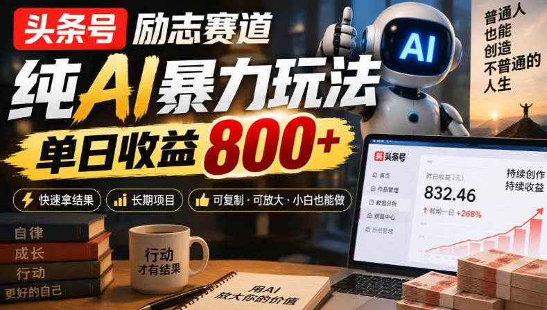 头条号励志赛道，纯AI暴力玩法，单日收益800+，快速拿结果，长期项目-爱搭资源网