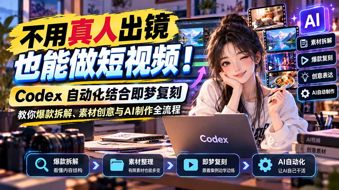 不用真人出镜也能做短视频！Codex自动化结合即梦复刻，教你爆款拆解、素材创意与AI制作全流程-爱搭资源网