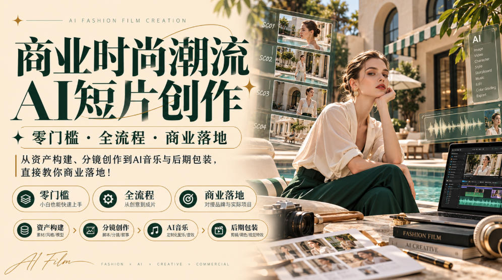 商业时尚潮流AI短片创作｜零门槛・全流程・商业落地，从资产构建、分镜创作到AI音乐与后期包装，直接教你商业落地！-爱搭资源网