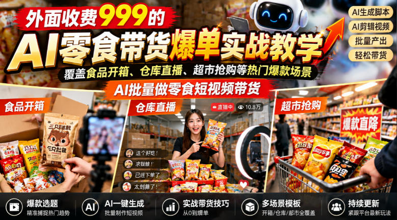 外面收费999的AI零食带货爆单实战教学，覆盖食品开箱、仓库直播、超市抢购等热门爆款场景，AI批量做零食短视频带货-爱搭资源网