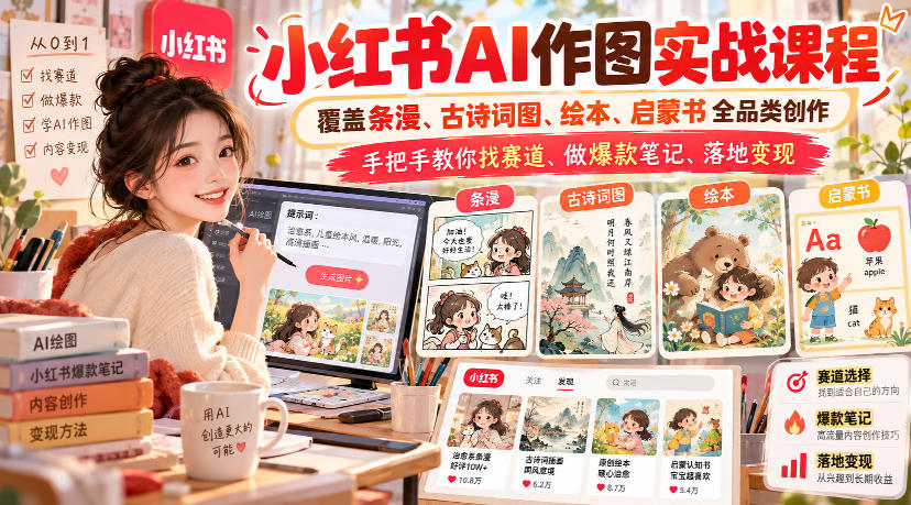 小红书AI作图实战课程，覆盖条漫、古诗词图、绘本、启蒙书全品类创作，手把手教你找赛道、做爆款笔记、落地变现(更新1017)-爱搭资源网
