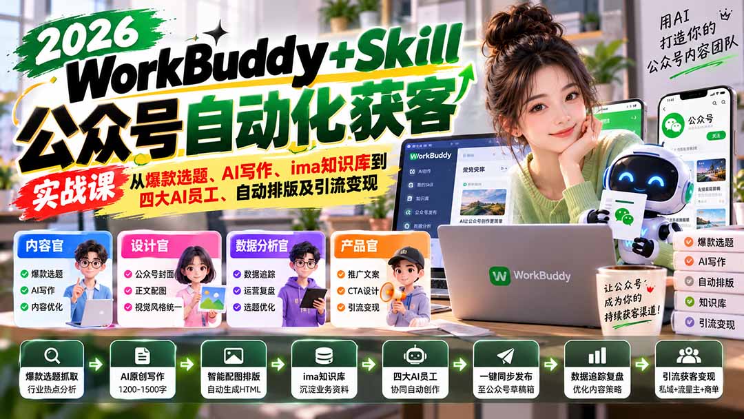WorkBuddy + Skill公众号自动化获客实战课：从爆款选题、AI写作、ima知识库到四大AI员工、自动排版及引流变现-爱搭资源网