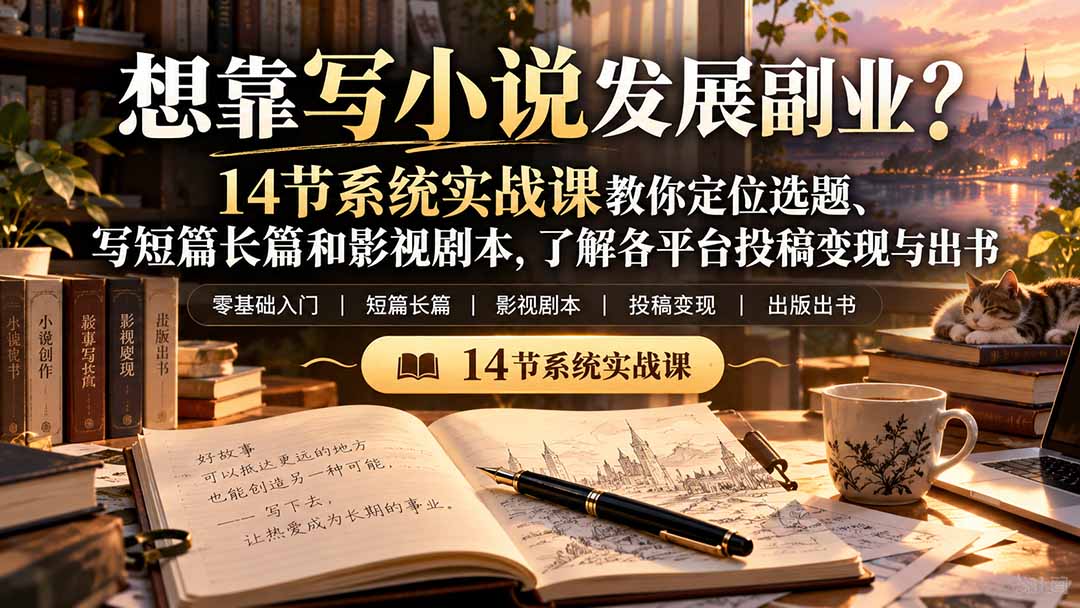 【无水印】想靠写小说发展副业？14节系统实战课教你定位选题、写短篇长篇和影视剧本，了解各平台投稿变现与出书-爱搭资源网