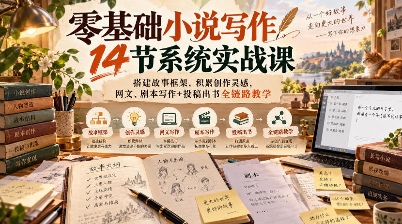 零基础小说写作14节系统实战课，搭建故事框架，积累创作灵感，网文、剧本写作+投稿出书全链路教学-爱搭资源网