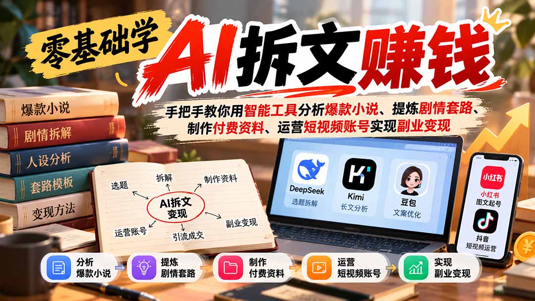 零基础学AI拆文赚钱：手把手教你用智能工具分析爆款小说、提炼剧情套路、制作付费资料、运营短视频账号实现副业变现-爱搭资源网