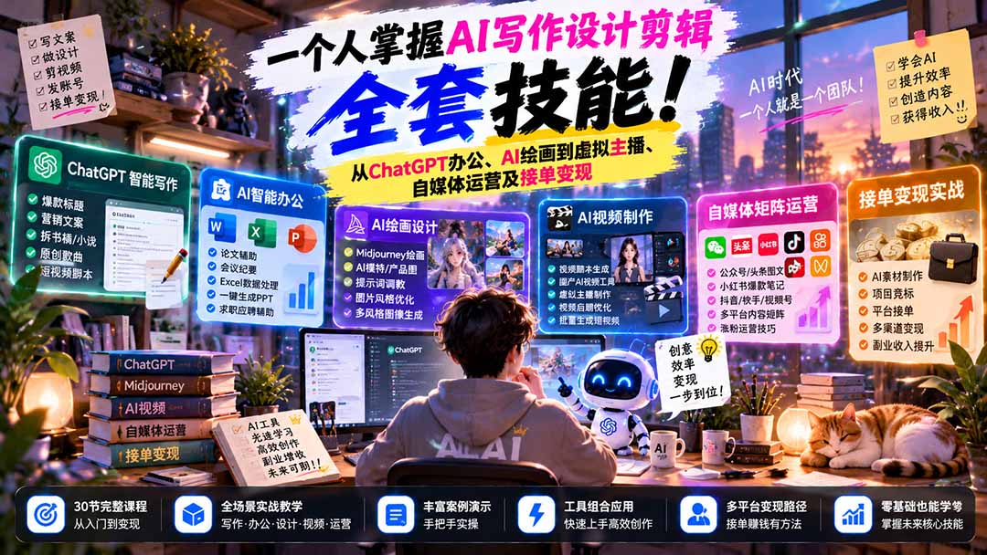 一个人掌握AI写作设计剪辑全套技能：从ChatGPT办公、AI绘画到虚拟主播、自媒体运营及接单变现-爱搭资源网