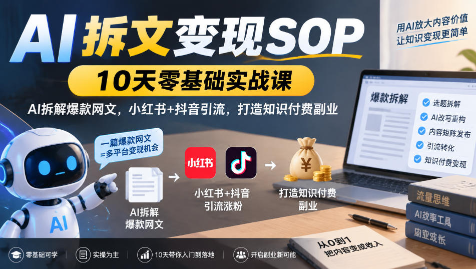 AI拆文变现SOP｜10天零基础实战课，AI拆解爆款网文，小红书+抖音引流，打造知识付费副业-爱搭资源网